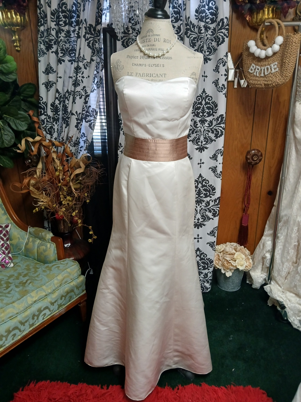 Bill Levkoff Ivory Satin Strapless Gown with Bronze Sash